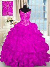 Flirting Fuchsia Sleeveless Organza Brush Train Lace Up Quince Ball Gowns for Military Ball and Sweet 16 and Quinceanera