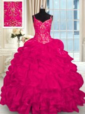 Clearance Hot Pink Sweet 16 Dresses Military Ball and Sweet 16 and Quinceanera and For with Beading and Embroidery and Ruffles Spaghetti Straps Sleeveless Brush Train Lace Up