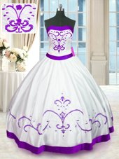 Deluxe White Ball Gowns Satin Strapless Sleeveless Beading and Embroidery Floor Length Lace Up Quince Ball Gowns