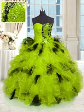 Deluxe Yellow Green Ball Gowns Strapless Sleeveless Tulle Floor Length Lace Up Beading and Ruffles Sweet 16 Dresses