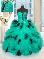 Shining Turquoise Ball Gowns Beading and Ruffles 15th Birthday Dress Lace Up Tulle Sleeveless Floor Length