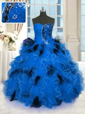 Vintage Blue Ball Gowns Tulle Strapless Sleeveless Beading and Ruffles Floor Length Lace Up Vestidos de Quinceanera
