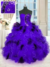 Great Black And Purple Ball Gowns Beading and Ruffles Quinceanera Gown Lace Up Tulle Sleeveless Floor Length