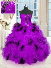 Trendy Purple Ball Gowns Tulle Strapless Sleeveless Beading and Ruffles Floor Length Lace Up Sweet 16 Dress