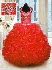 Fabulous Red Organza Lace Up Straps Cap Sleeves Floor Length 15 Quinceanera Dress Beading and Ruffles