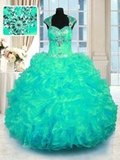 High Class Cap Sleeves Organza Floor Length Lace Up Sweet 16 Dresses in Turquoise for with Beading and Ruffles