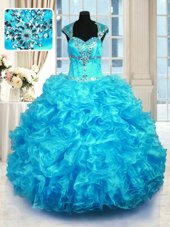 Inexpensive Organza Straps Cap Sleeves Lace Up Beading and Ruffles Quinceanera Gowns in Aqua Blue
