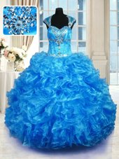 Suitable Baby Blue Lace Up Straps Beading and Ruffles Sweet 16 Quinceanera Dress Organza Cap Sleeves