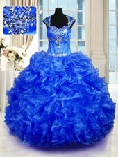 Modest Royal Blue Ball Gowns Beading and Ruffles Quince Ball Gowns Lace Up Organza Cap Sleeves Floor Length