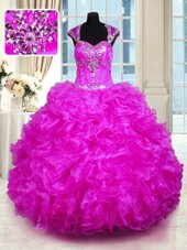 Fuchsia Cap Sleeves Organza Lace Up Vestidos de Quinceanera for Military Ball and Sweet 16 and Quinceanera