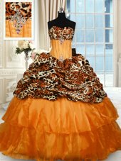 Noble Ruffled Orange Sleeveless Organza and Printed Sweep Train Lace Up Quinceanera Gowns for Military Ball and Sweet 16 and Quinceanera