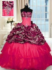 Beautiful Printed Ruffled Ball Gowns Sleeveless Red Quinceanera Gown Sweep Train Lace Up