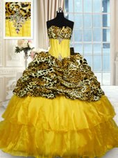 Exceptional Gold Ball Gowns Sweetheart Sleeveless Organza and Printed Sweep Train Lace Up Beading and Ruffled Layers Ball Gown Prom Dress