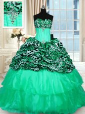 Low Price Printed Beading and Ruffled Layers 15 Quinceanera Dress Turquoise Lace Up Sleeveless Sweep Train