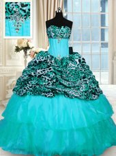 Super Sleeveless Organza and Printed Sweep Train Lace Up Sweet 16 Dress in Aqua Blue for with Beading and Ruffled Layers