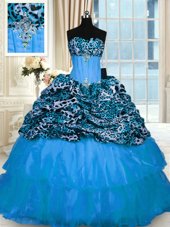 Printed Baby Blue Sleeveless Beading and Ruffled Layers Lace Up Quince Ball Gowns