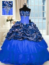 Printed Blue Lace Up Quinceanera Gowns Beading and Sequins Sleeveless Floor Length
