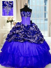 Fantastic Royal Blue Ball Gowns Organza and Printed Sweetheart Sleeveless Beading and Ruffled Layers and Sequins Lace Up Sweet 16 Quinceanera Dress Sweep Train