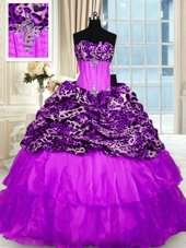 Stylish Organza and Printed Strapless Sleeveless Sweep Train Lace Up Beading and Ruffled Layers Quinceanera Gowns in Purple
