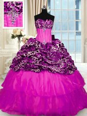 Dramatic Printed Fuchsia Sleeveless Sweep Train Beading and Ruffled Layers and Sequins Quinceanera Dress