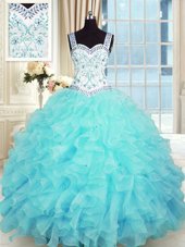 Charming Aqua Blue Lace Up 15 Quinceanera Dress Beading and Appliques and Ruffles Sleeveless Floor Length