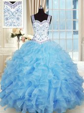 Customized Floor Length Lace Up Vestidos de Quinceanera Baby Blue and In for Military Ball and Sweet 16 and Quinceanera with Beading and Appliques and Ruffles