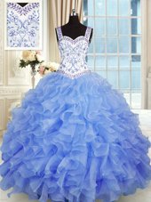 Elegant Blue Ball Gowns Organza Sweetheart Sleeveless Beading and Appliques and Ruffles Floor Length Lace Up Quinceanera Gown