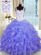 New Arrival Purple Ball Gowns Sweetheart Sleeveless Organza Floor Length Lace Up Beading and Appliques and Ruffles Ball Gown Prom Dress