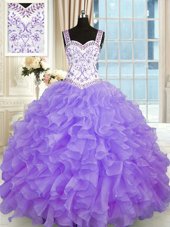 Fancy Organza Sweetheart Sleeveless Lace Up Beading and Appliques and Ruffles Quince Ball Gowns in Lavender