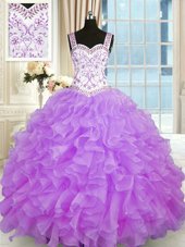 Graceful Floor Length Lace Up Quince Ball Gowns Lilac and In for Military Ball and Sweet 16 and Quinceanera with Beading and Appliques and Ruffles