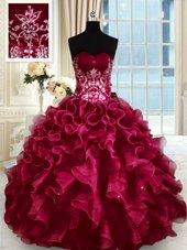 Graceful Wine Red Lace Up Quinceanera Dresses Beading and Appliques and Ruffles Sleeveless Floor Length