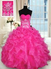Pretty Hot Pink Sleeveless Floor Length Beading and Appliques and Ruffles Lace Up Quince Ball Gowns