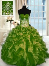 Flare Olive Green Lace Up Quince Ball Gowns Beading and Ruffles Sleeveless Floor Length