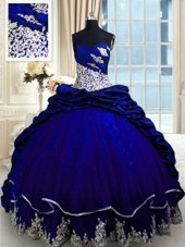 Royal Blue Ball Gowns Taffeta Sweetheart Sleeveless Beading and Appliques and Pick Ups Lace Up Ball Gown Prom Dress Brush Train