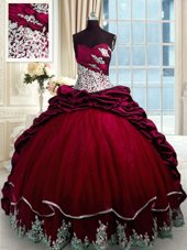 Exquisite Taffeta Sweetheart Sleeveless Brush Train Lace Up Beading and Appliques and Pick Ups 15th Birthday Dress in Wine Red