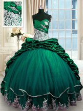 Hot Sale Dark Green Ball Gowns Taffeta Sweetheart Sleeveless Beading and Appliques and Pick Ups Lace Up Vestidos de Quinceanera Brush Train