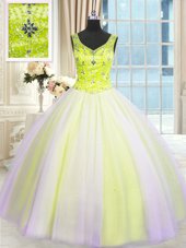 Free and Easy Multi-color Ball Gowns Tulle V-neck Sleeveless Beading and Sequins Floor Length Lace Up Vestidos de Quinceanera