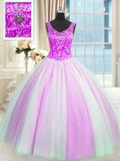 Superior Sequins Ball Gowns 15th Birthday Dress Multi-color V-neck Tulle Sleeveless Floor Length Lace Up