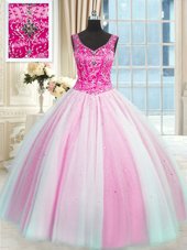 Classical Tulle Sleeveless Floor Length Quince Ball Gowns and Beading