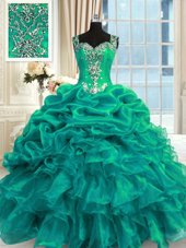 Glamorous Straps Sleeveless Organza Vestidos de Quinceanera Beading and Ruffles and Pick Ups Lace Up