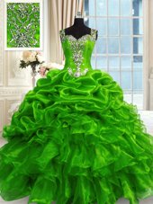 Lovely Floor Length Lace Up 15th Birthday Dress Green and In for Military Ball and Sweet 16 and Quinceanera with Beading and Ruffles and Pick Ups
