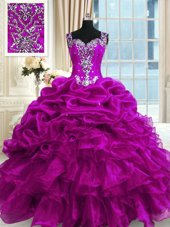 Hot Sale Pick Ups Ball Gowns Sweet 16 Dress Fuchsia Straps Organza Sleeveless Floor Length Lace Up