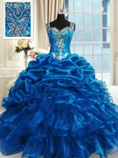 Nice Blue Organza Lace Up Straps Sleeveless Floor Length Sweet 16 Dress Beading and Ruffles