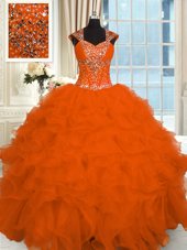 Comfortable Straps Cap Sleeves Quince Ball Gowns Floor Length Beading and Ruffles Orange Organza
