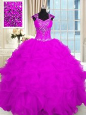 Colorful Fuchsia Cap Sleeves Organza Lace Up Sweet 16 Dress for Military Ball and Sweet 16 and Quinceanera