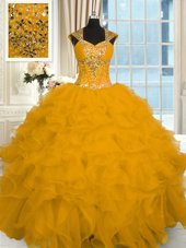 High End Cap Sleeves Beading and Ruffles Lace Up Quinceanera Gowns