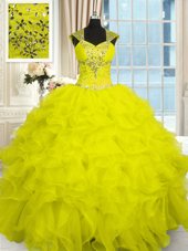 Best Ball Gowns Sweet 16 Dress Yellow Straps Organza Cap Sleeves Floor Length Lace Up