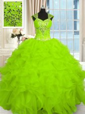 Customized Organza Straps Cap Sleeves Lace Up Beading and Ruffles Vestidos de Quinceanera in Yellow Green
