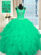 Cute Turquoise Organza Lace Up Quinceanera Dress Cap Sleeves Floor Length Beading and Ruffles and Pattern