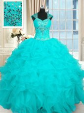 Hot Selling Floor Length Lace Up Ball Gown Prom Dress Aqua Blue and In for Military Ball and Sweet 16 and Quinceanera with Beading and Ruffles